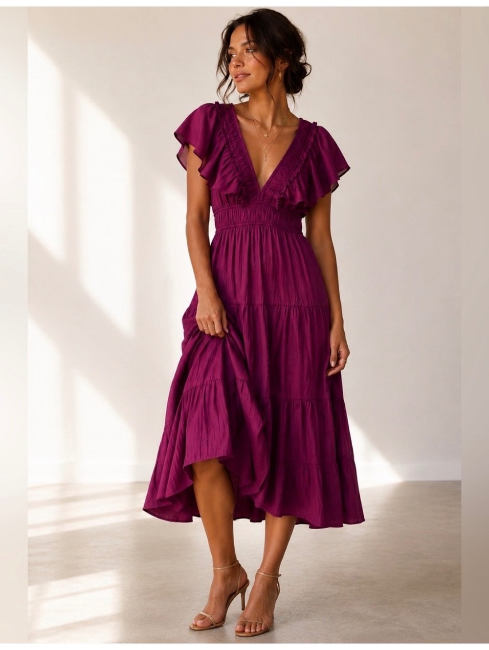 NWOT Anthropologie Ruffled Tiered Midi Dress in Raspberry size L